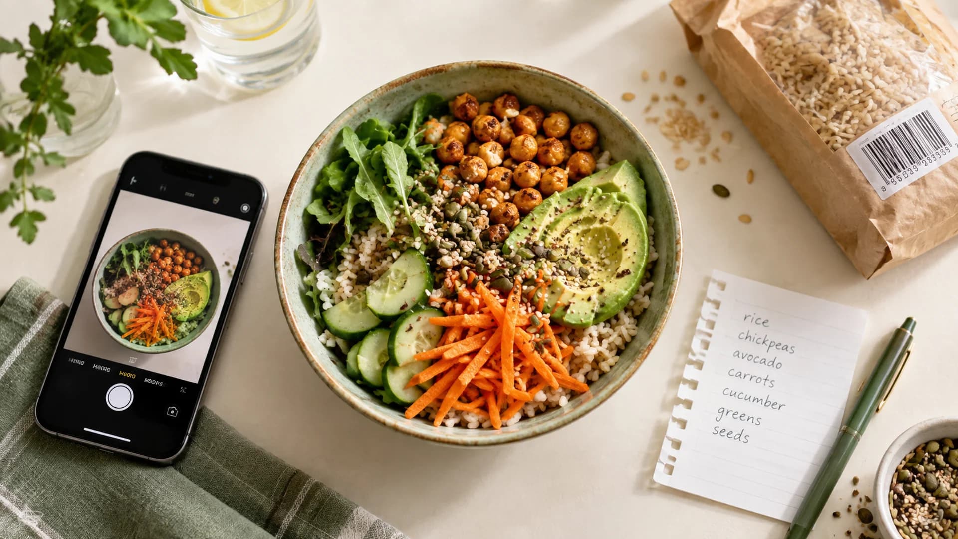 Rice and chickpea bowl beside a phone camera, handwritten ingredient note, and packaged food