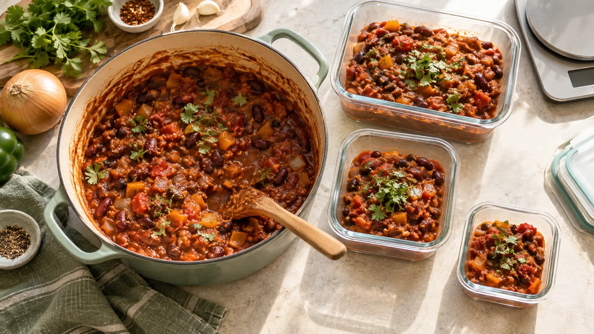 Pot of homemade chili divided into three different-sized leftover containers