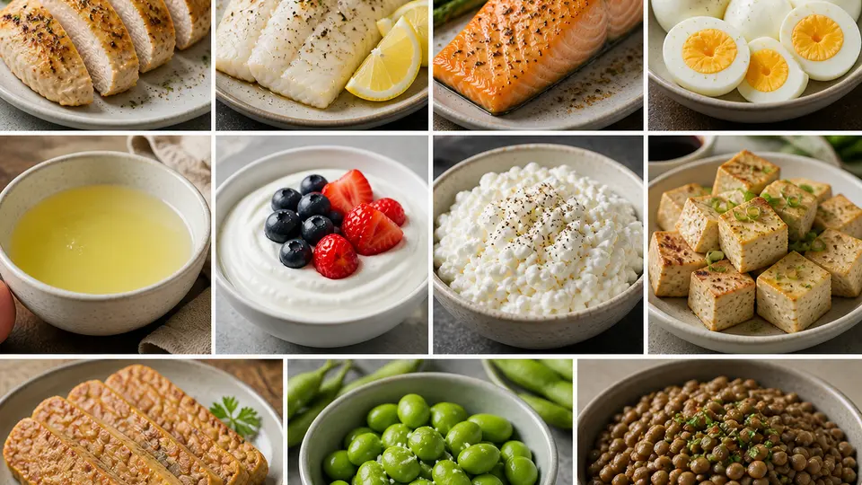 A calm meal planning dashboard comparing high-protein foods by protein density for weight loss