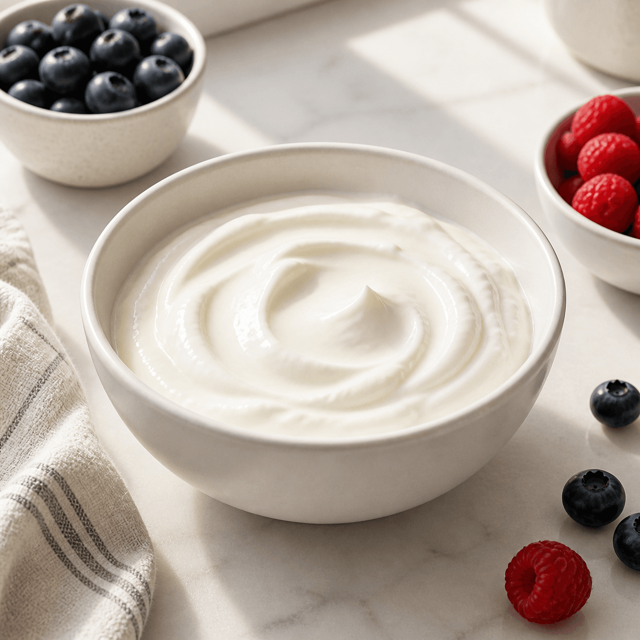 Plain nonfat Greek yogurt in a bowl with berries nearby