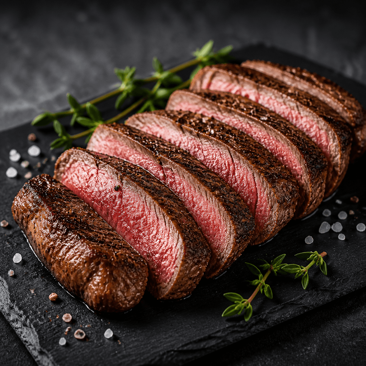 Sliced lean sirloin steak on a dark plate