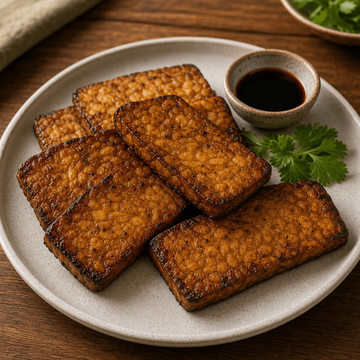 Browned tempeh slices on a warm wooden table