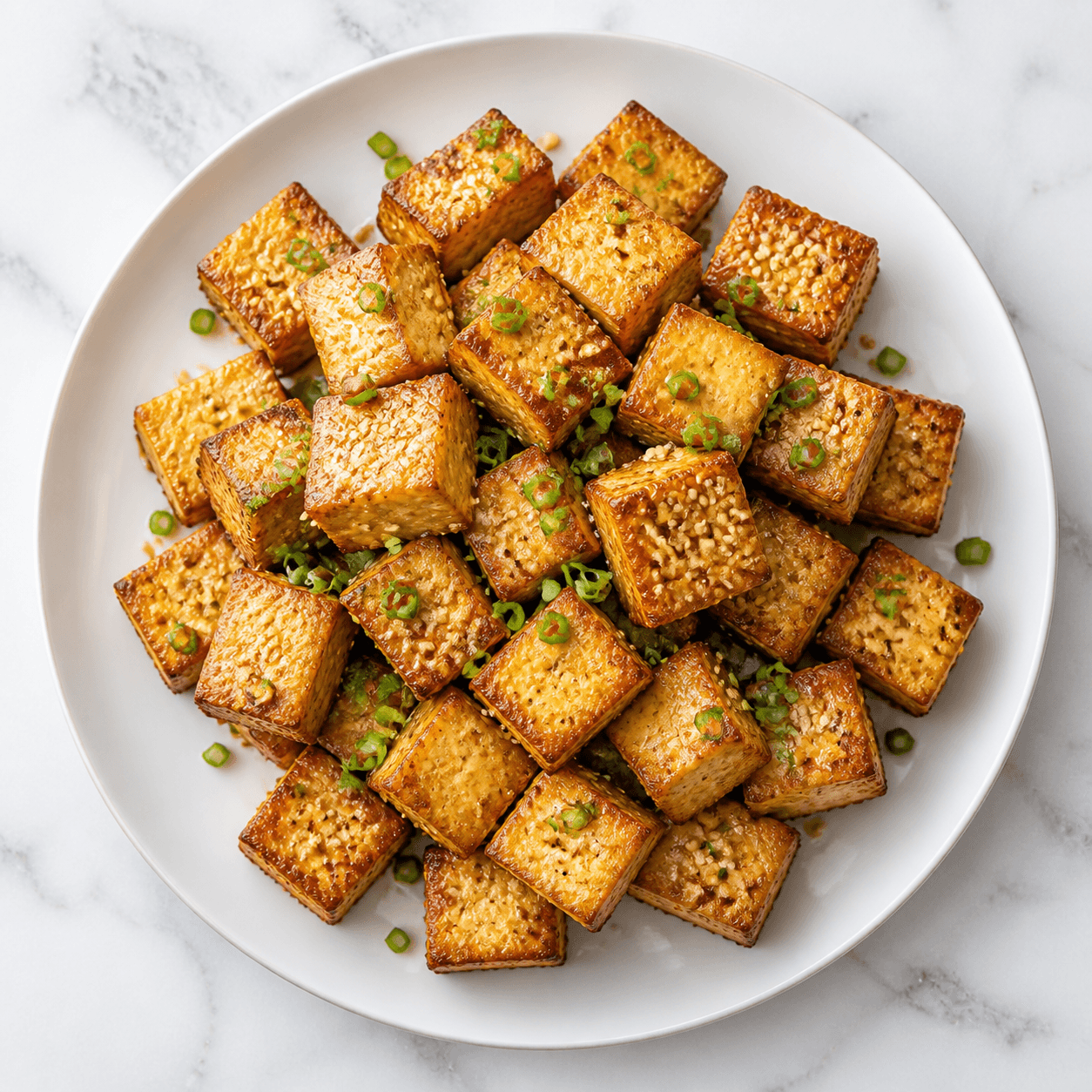 Golden extra-firm tofu cubes on a white plate