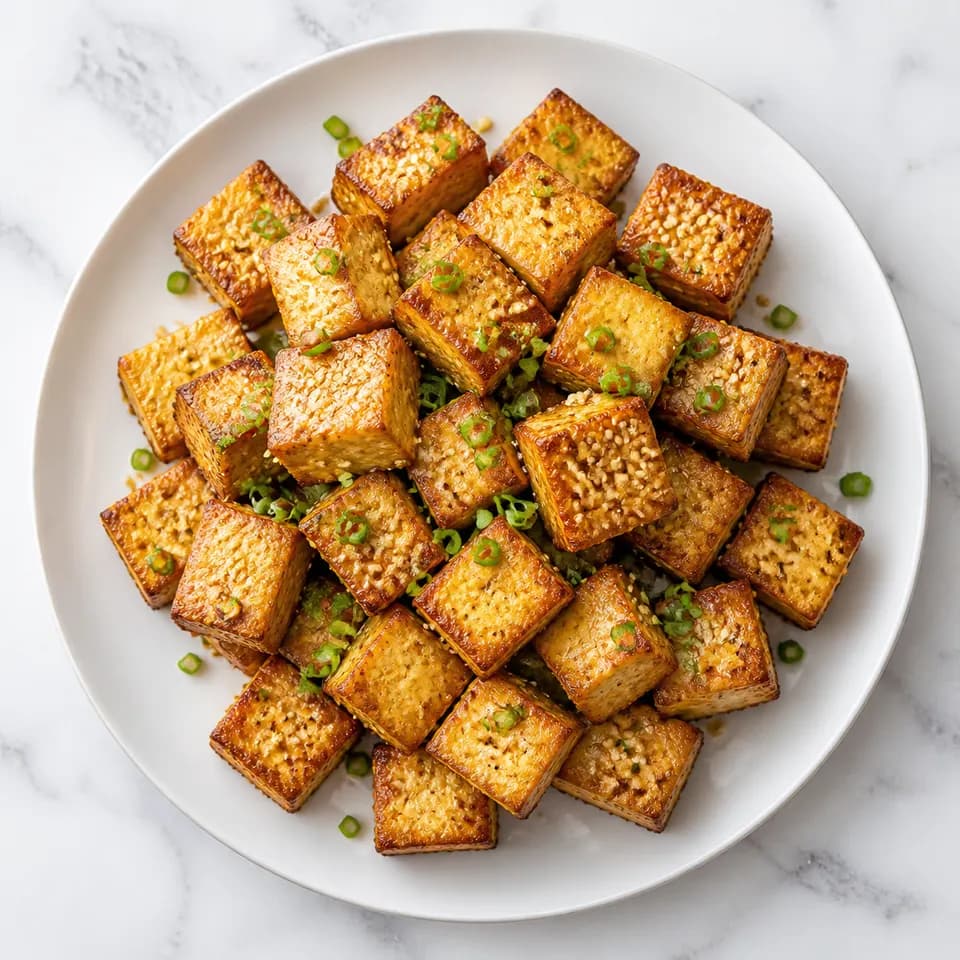 Golden extra-firm tofu cubes on a white plate