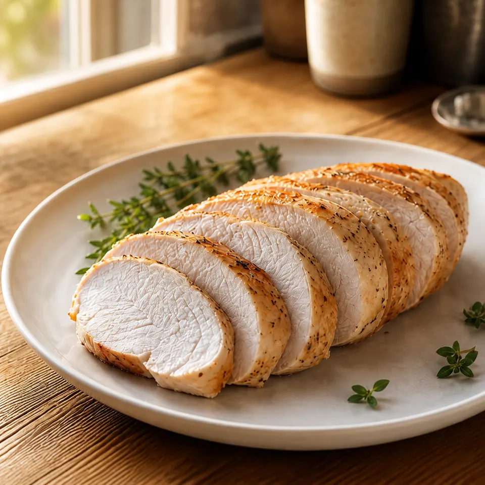 Sliced roasted skinless turkey breast on a ceramic plate