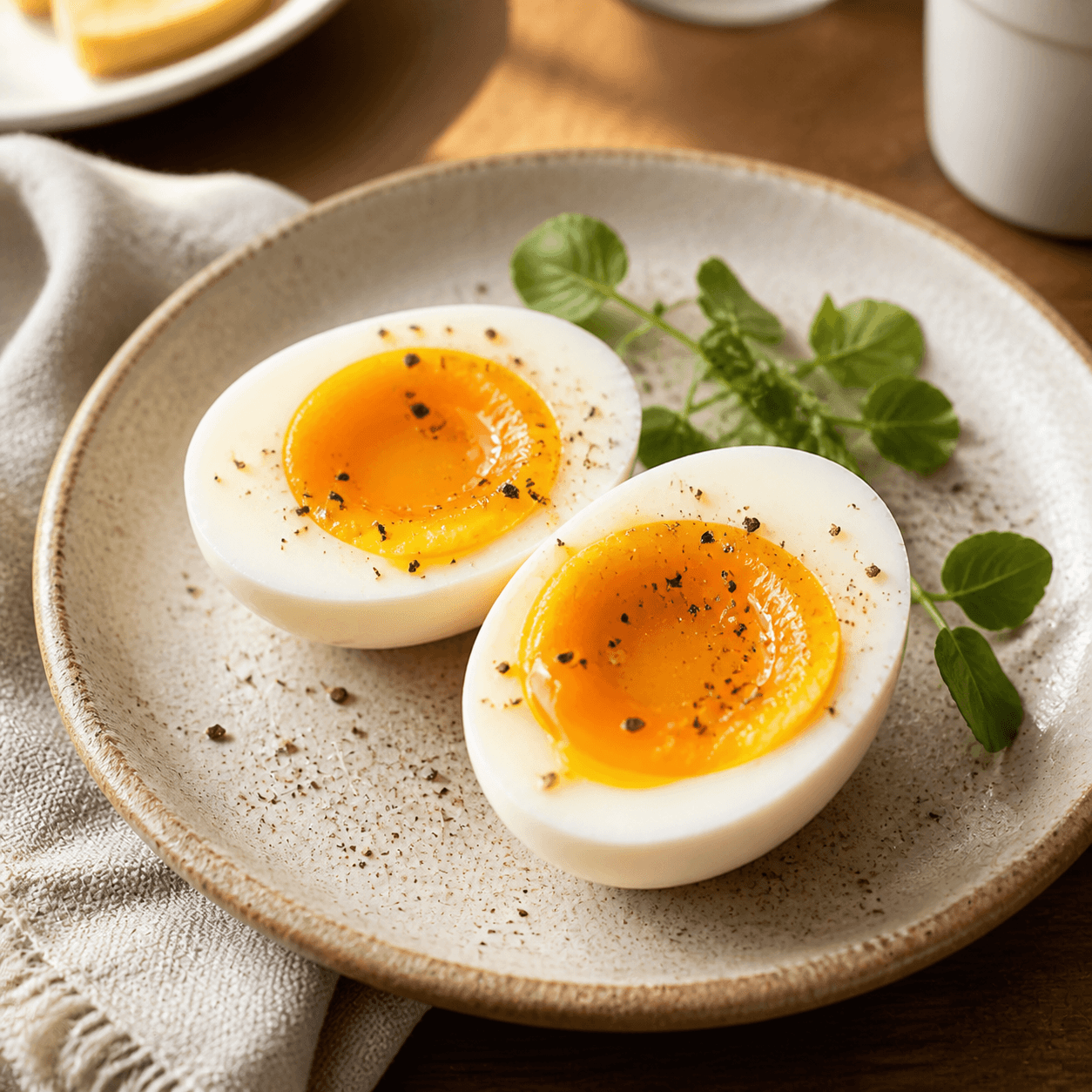 Soft-boiled whole eggs cut in half on a breakfast plate