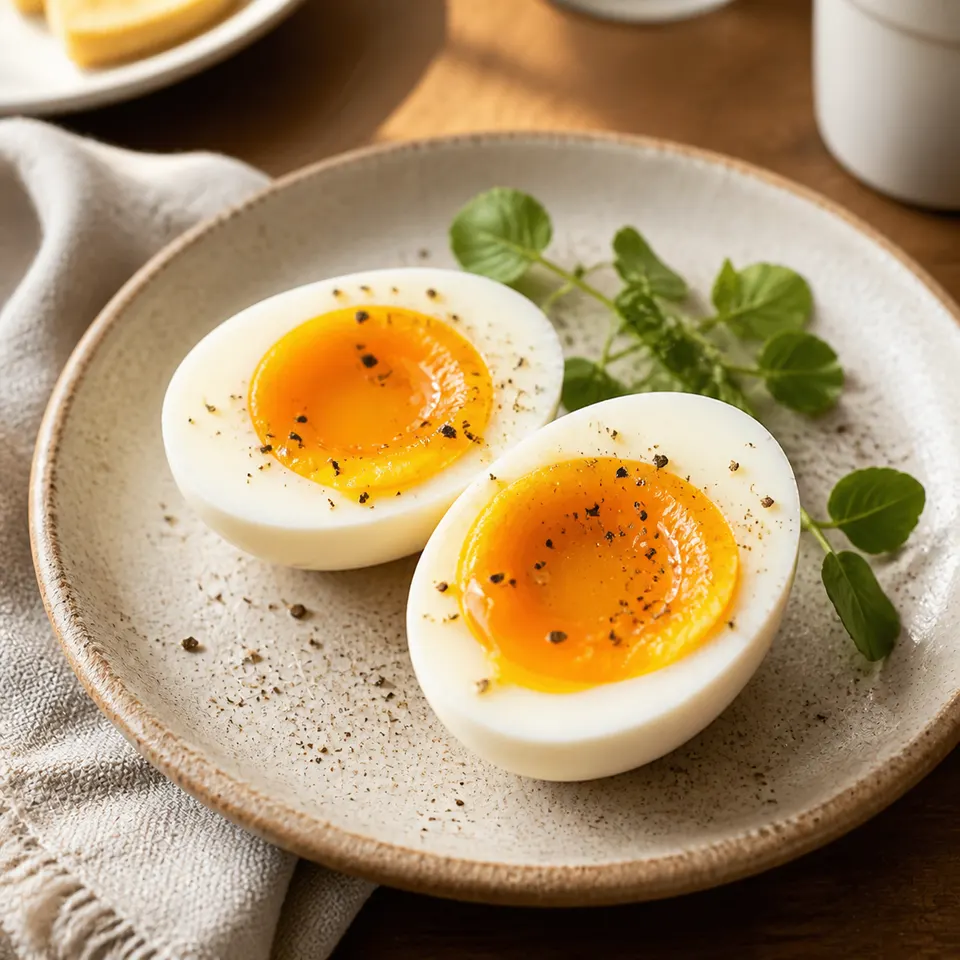 Soft-boiled whole eggs cut in half on a breakfast plate