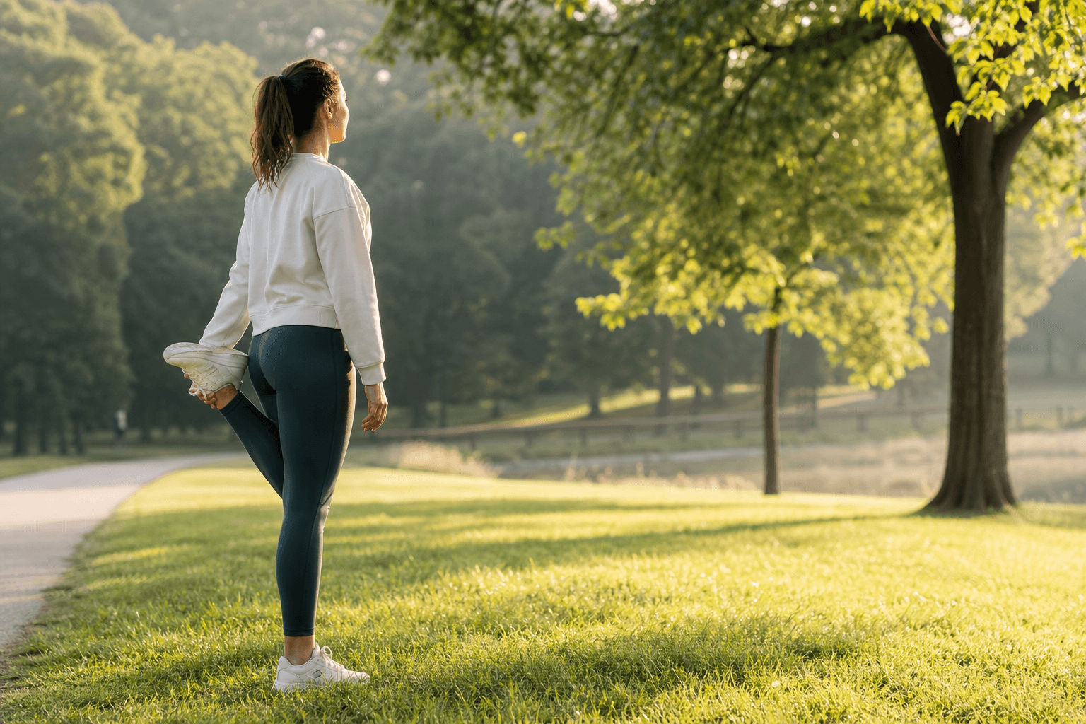 A woman stretching in a quiet park in soft natural light