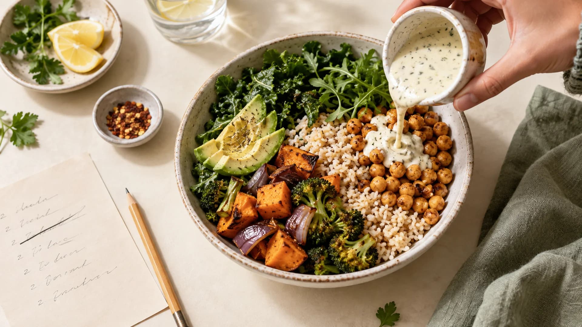 Dressing being added to a grain bowl beside a corrected meal note