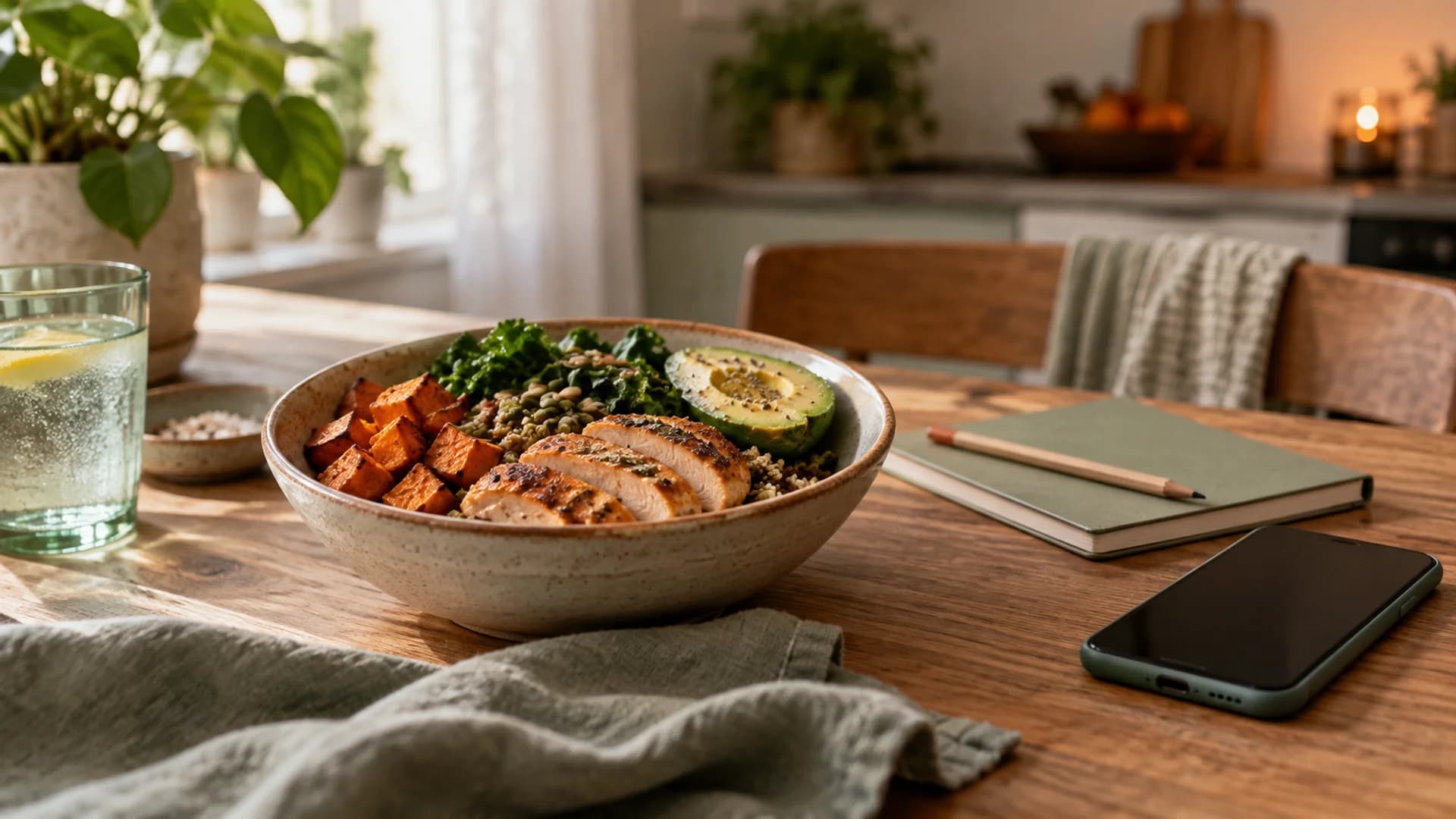 Simple dinner bowl beside a closed journal and a phone resting face down