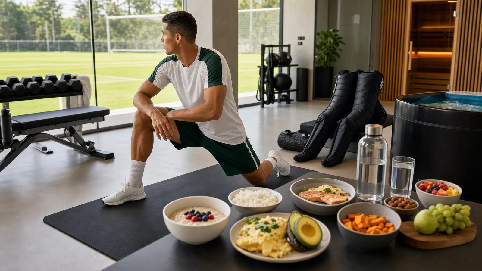 A generic veteran football forward in an unbranded training and recovery facility with oats, eggs, avocado, fish, rice, sweet potato, fruit, water, and recovery equipment nearby