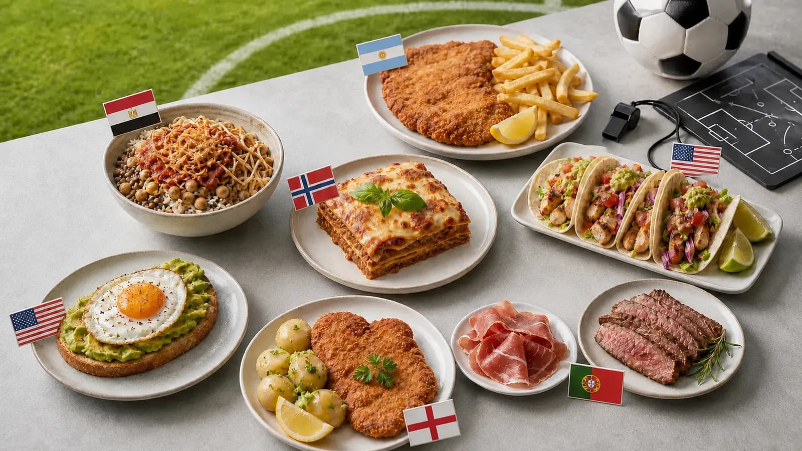 A sports nutrition table with soccer ball, plated milanesa, lasagne, koshari, tacos, eggs on toast, schnitzel, steak, and country flag markers
