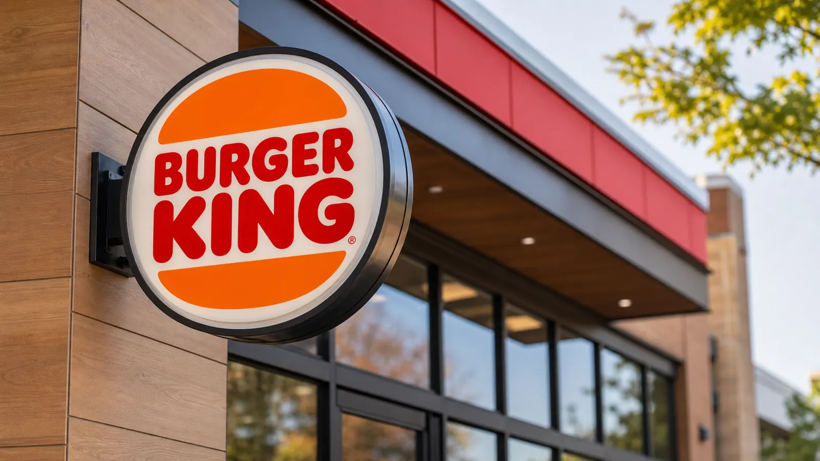 A close-up of a Burger King sign outside a modern restaurant storefront