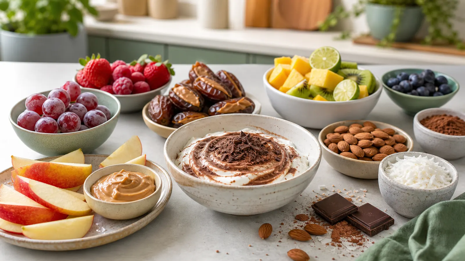 A colorful snack spread with fruit, yogurt, nuts, cocoa, and chocolate-style whole-food ingredients