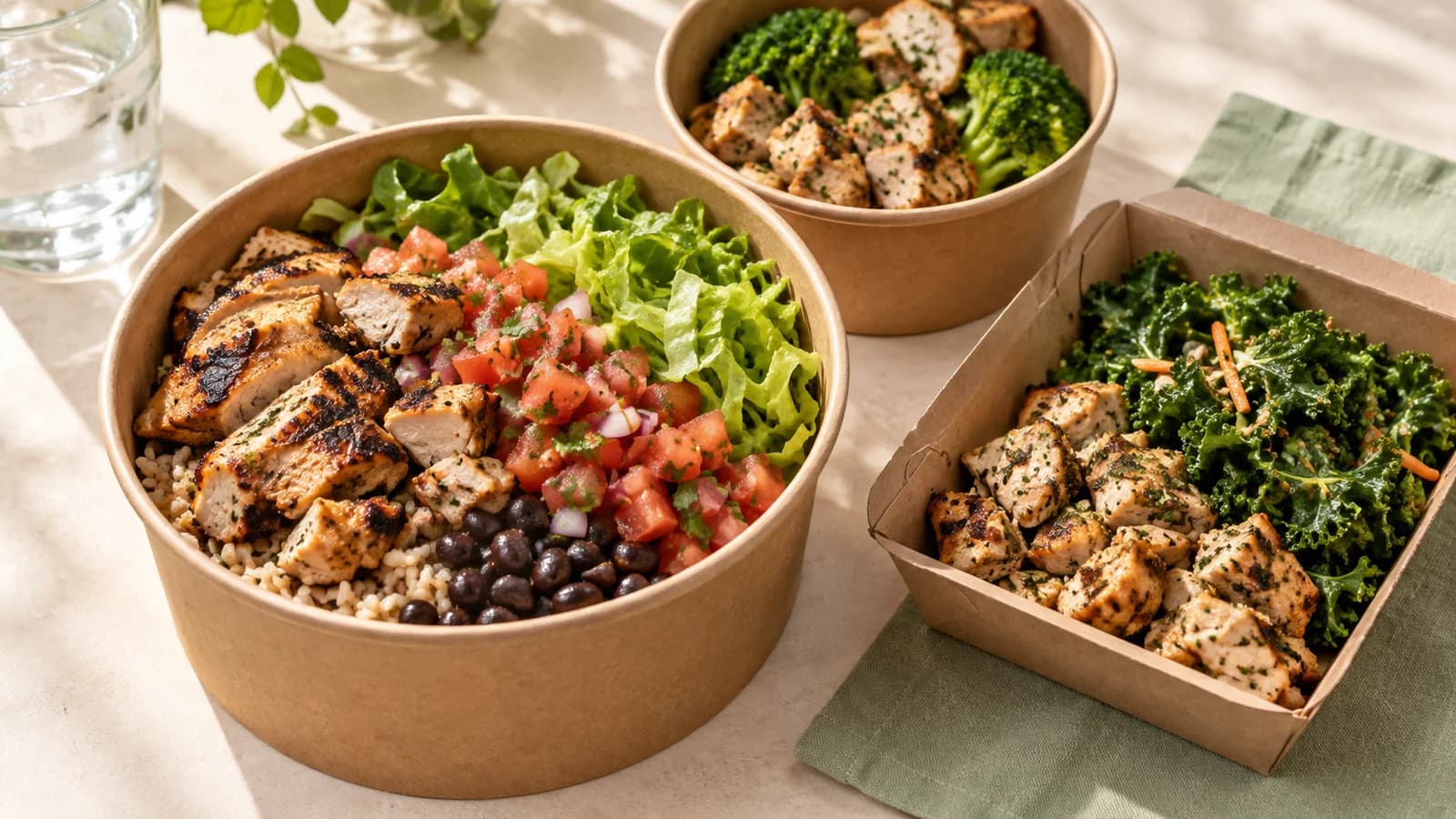 Illustrative unbranded takeout bowls with grilled chicken, rice, beans, salsa, and greens