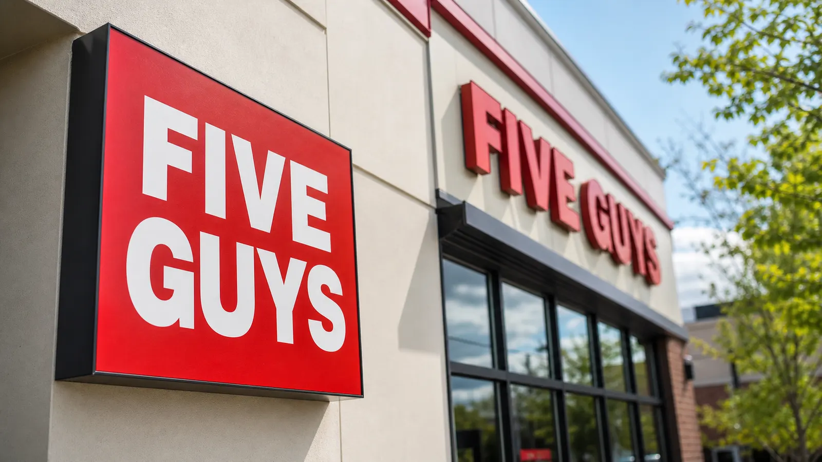 A close-up of a Five Guys sign outside a modern restaurant storefront