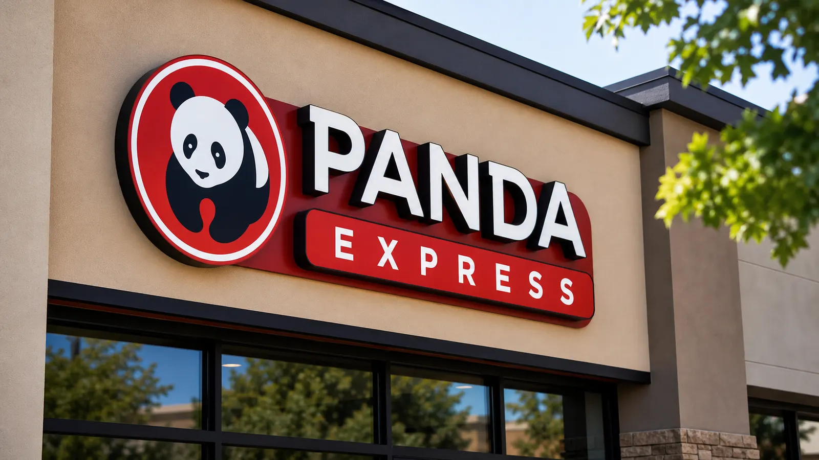 A close-up of a Panda Express sign outside a modern restaurant storefront