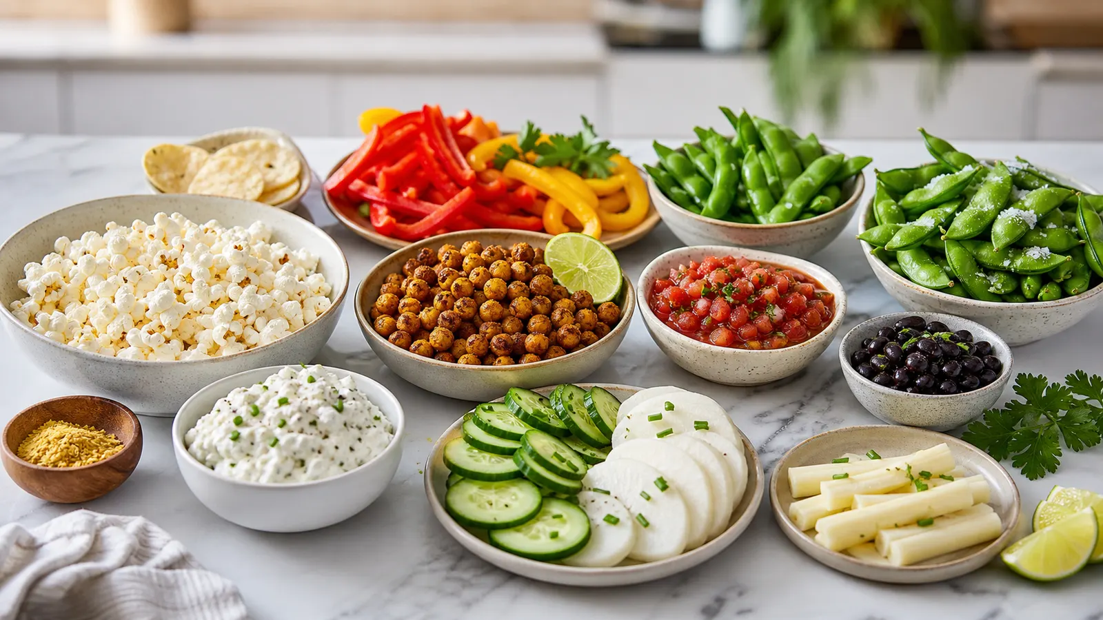 A savory snack spread with popcorn, edamame, vegetables, dips, beans, cheese, and roasted chickpeas