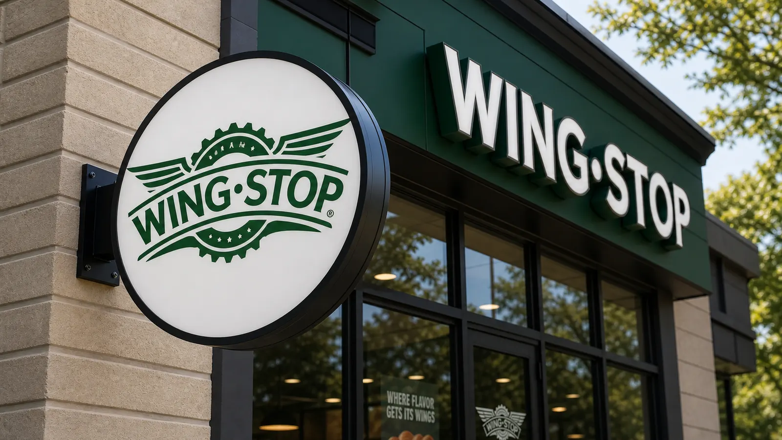 A close-up of a Wingstop sign outside a modern restaurant storefront