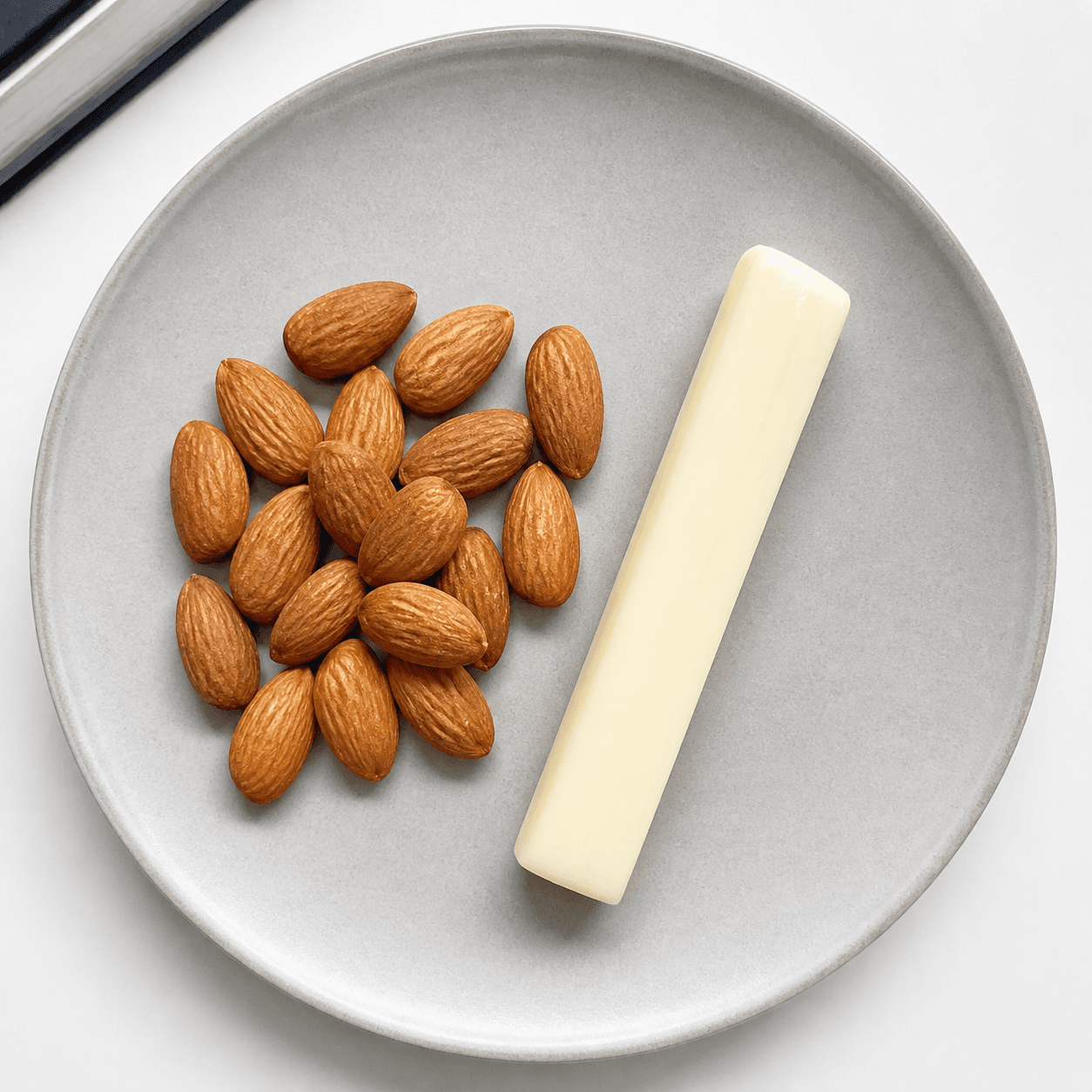 A small handful of almonds with a mozzarella string cheese stick