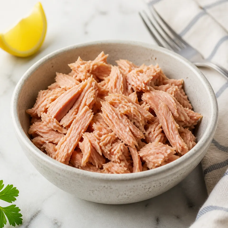 Drained light tuna flakes served in a small bowl