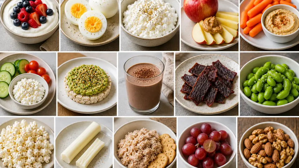 A calm snack planning board with yogurt, fruit, eggs, cottage cheese, and savory high-protein snacks under 200 calories