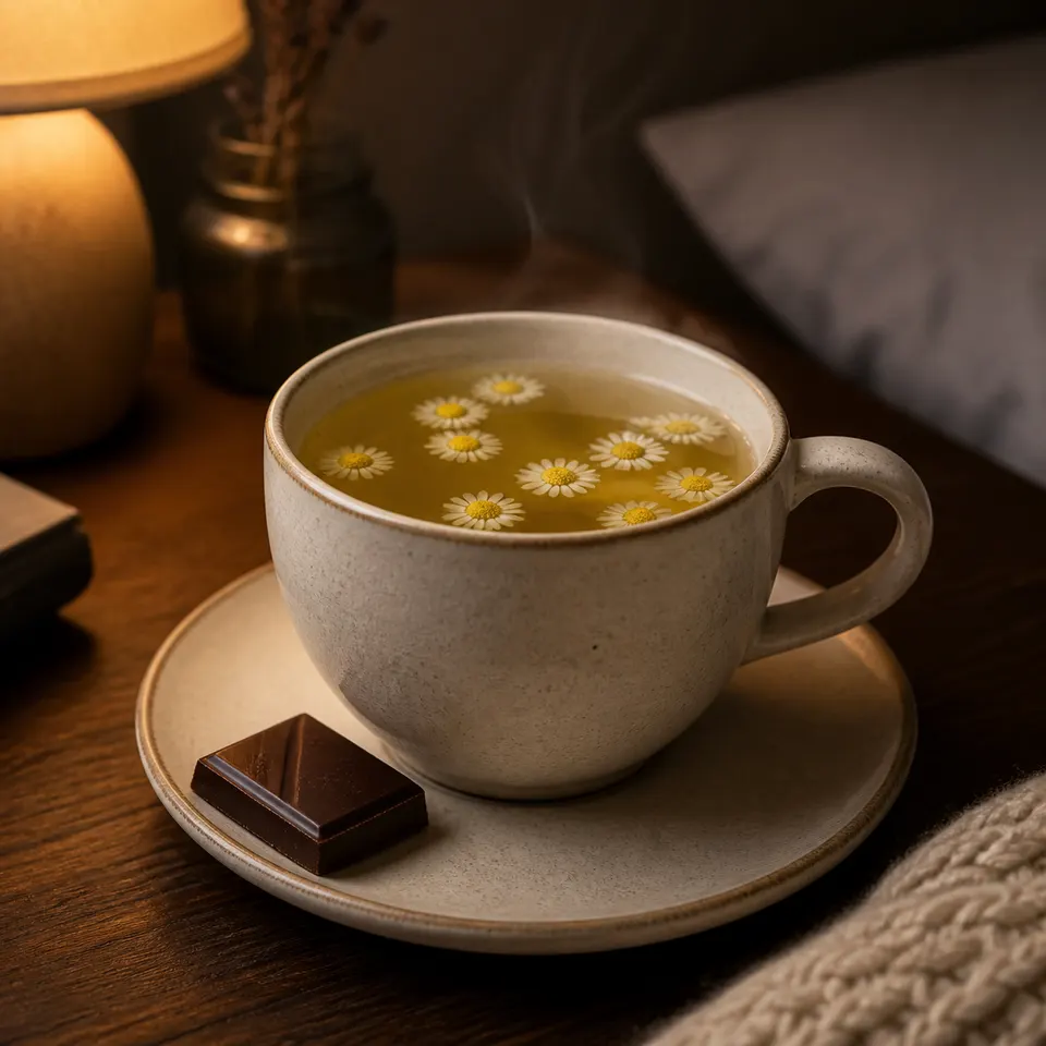 Chamomile tea with a small piece of dark chocolate