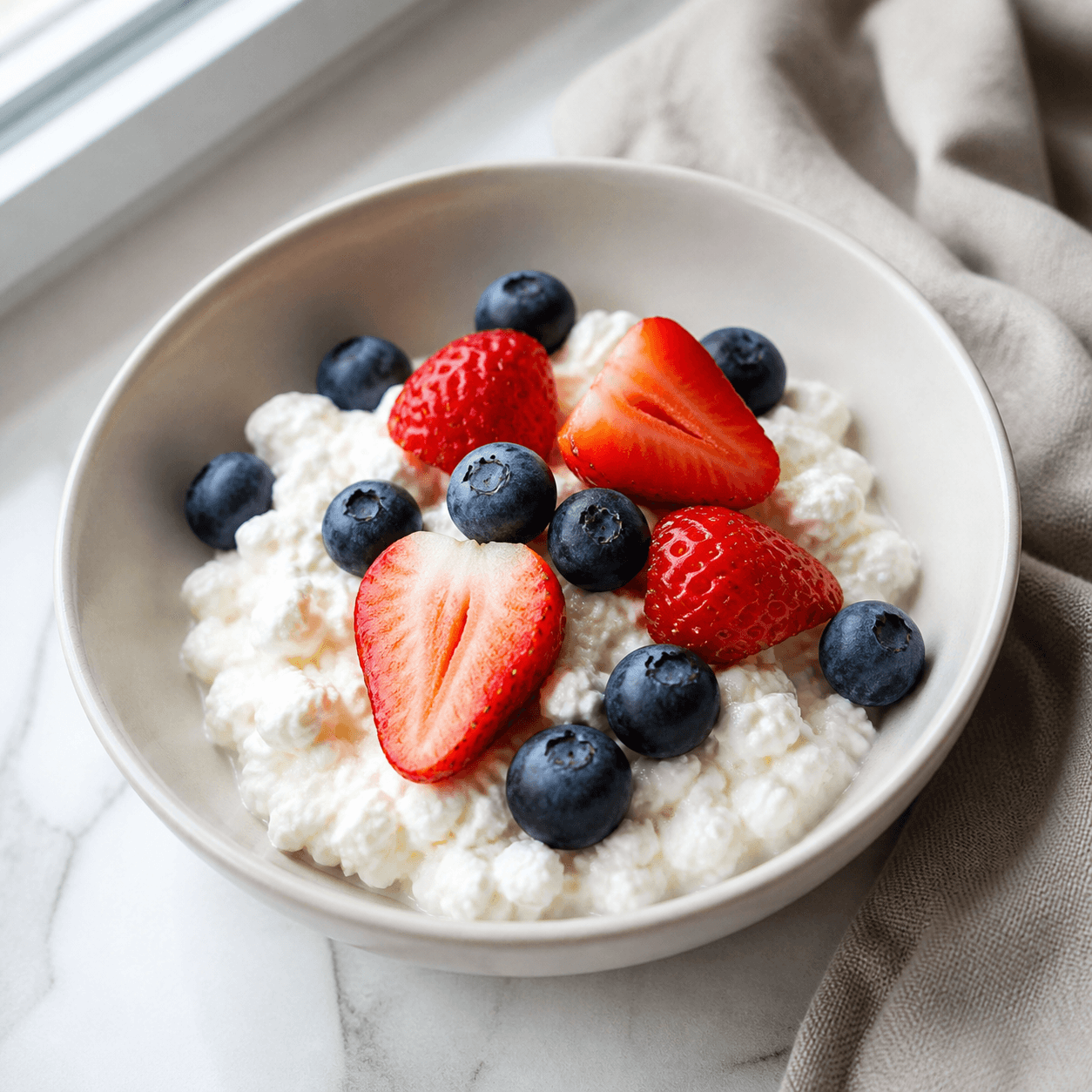 Cottage cheese topped with mixed berries in a bowl