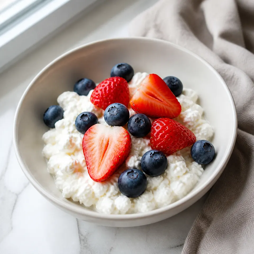 Cottage cheese topped with mixed berries in a bowl