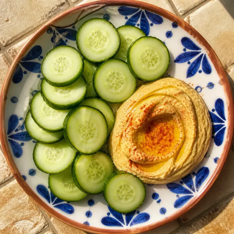 Cucumber slices served with hummus
