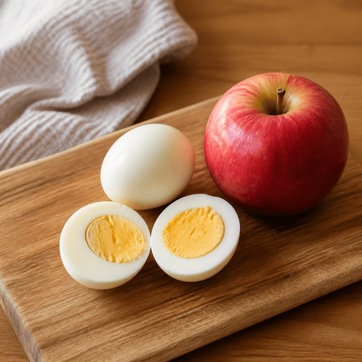 Two hard-boiled eggs next to a red apple