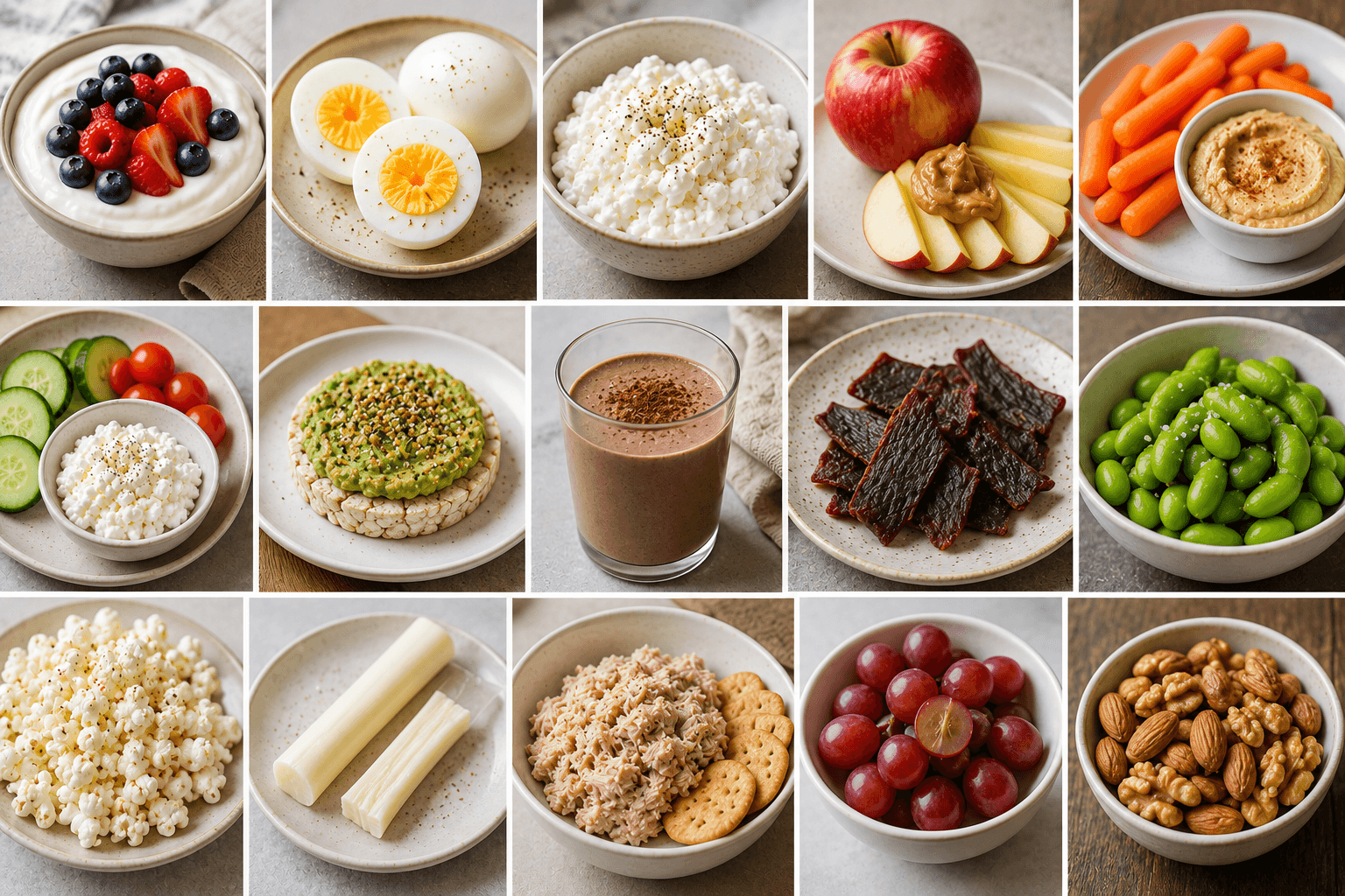 A calm snack planning board with yogurt, fruit, eggs, cottage cheese, and savory high-protein snacks under 200 calories