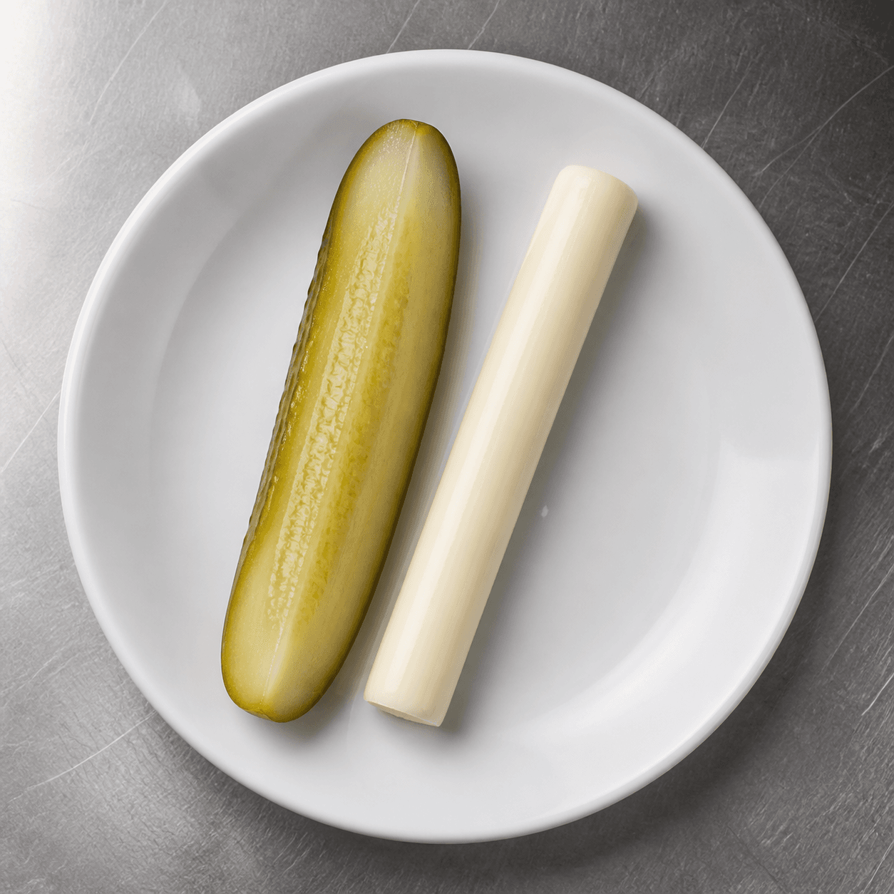 A dill pickle spear with a mozzarella string cheese stick