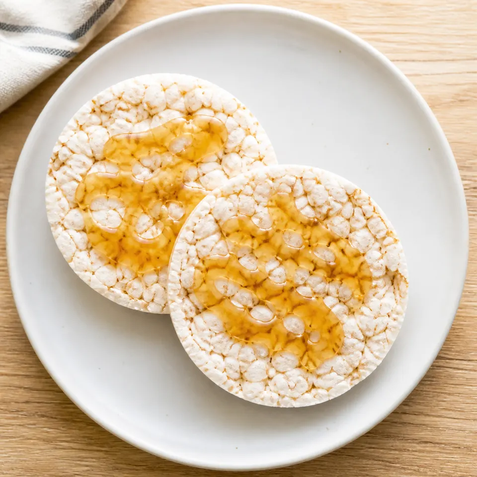 Two rice cakes drizzled with honey