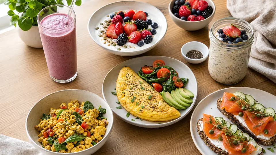 High-protein breakfast spread with Greek yogurt, eggs, tofu scramble, overnight oats, smoked salmon toast, and a smoothie
