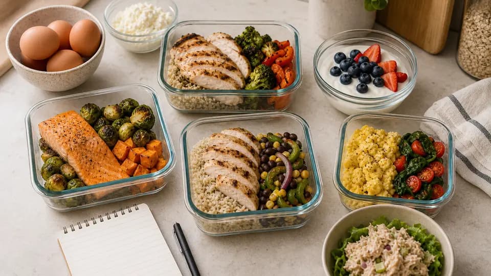 High-protein meal prep containers with chicken, salmon, eggs, yogurt, grains, and vegetables