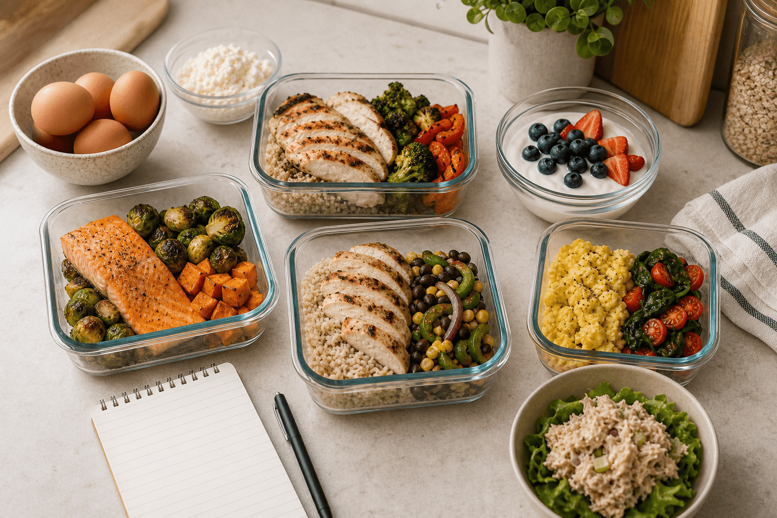 High-protein meal prep containers with chicken, salmon, eggs, yogurt, grains, and vegetables