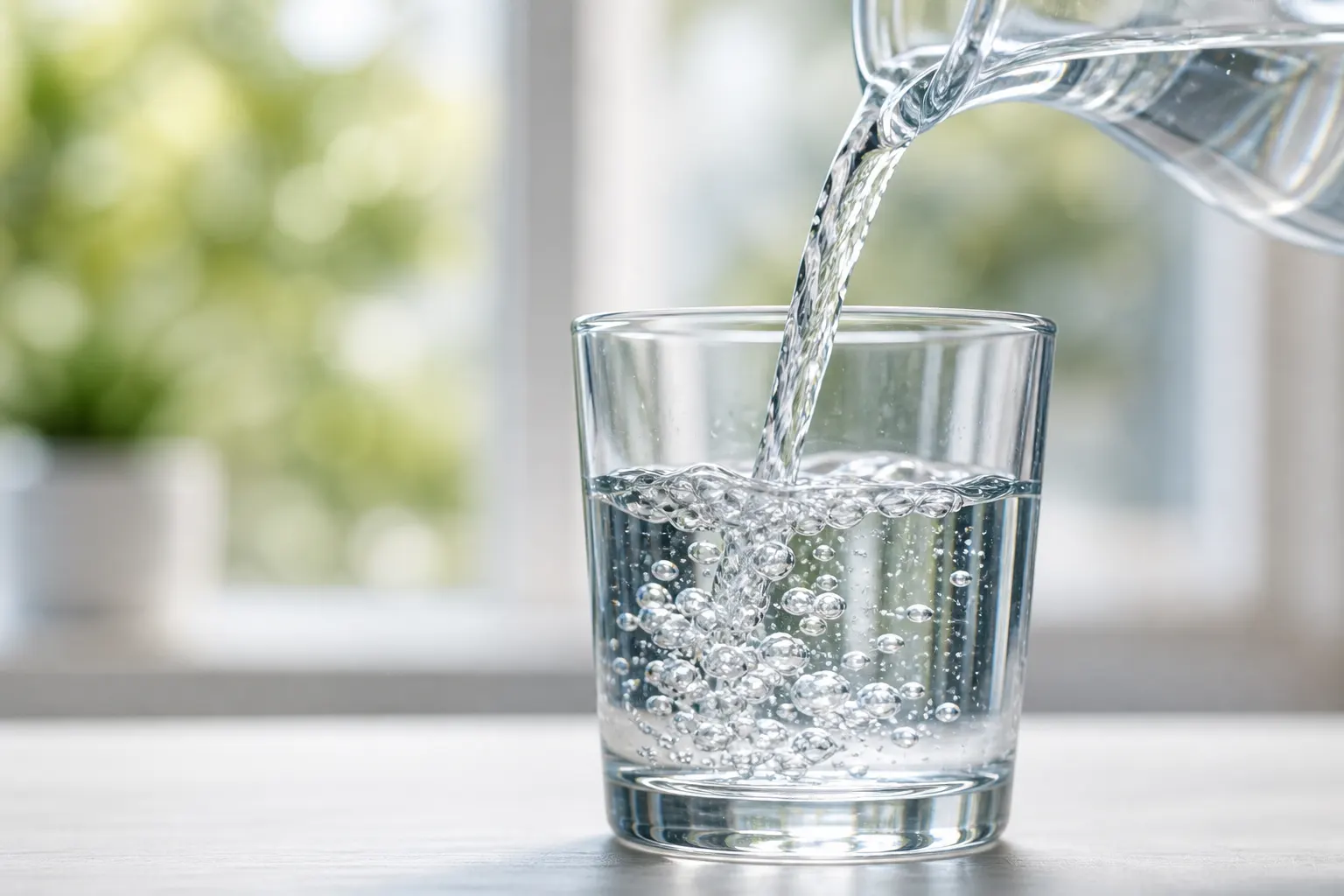 A calm hydration dashboard with a water glass, meal timing markers, and a downward weight trend line