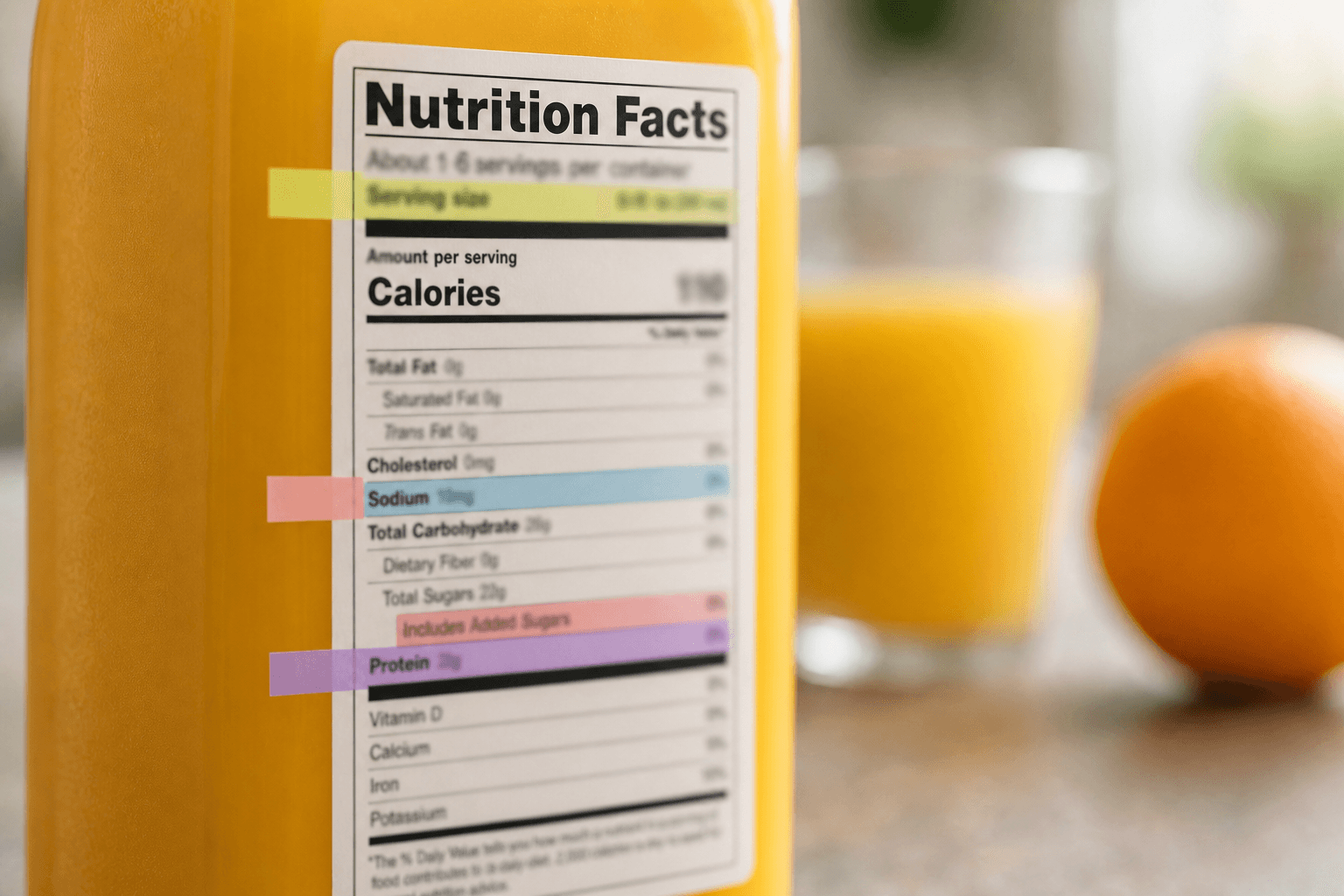 A close-up of a nutrition facts label on an orange juice container with key lines highlighted