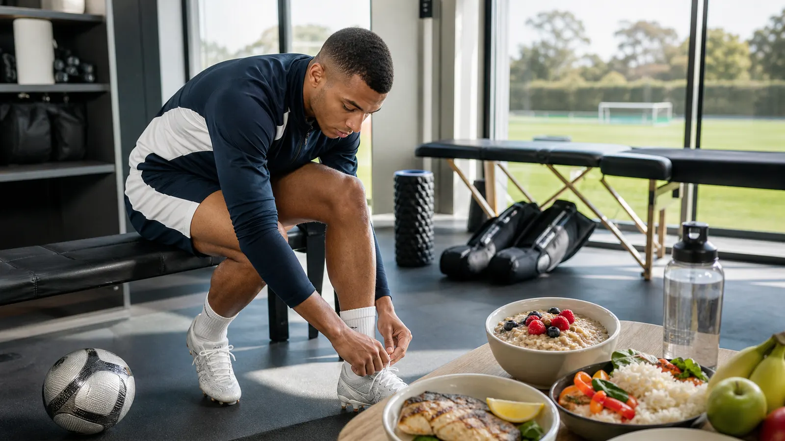 A generic football forward in an unbranded training facility with oats, fruit, rice, fish, water, and recovery equipment nearby
