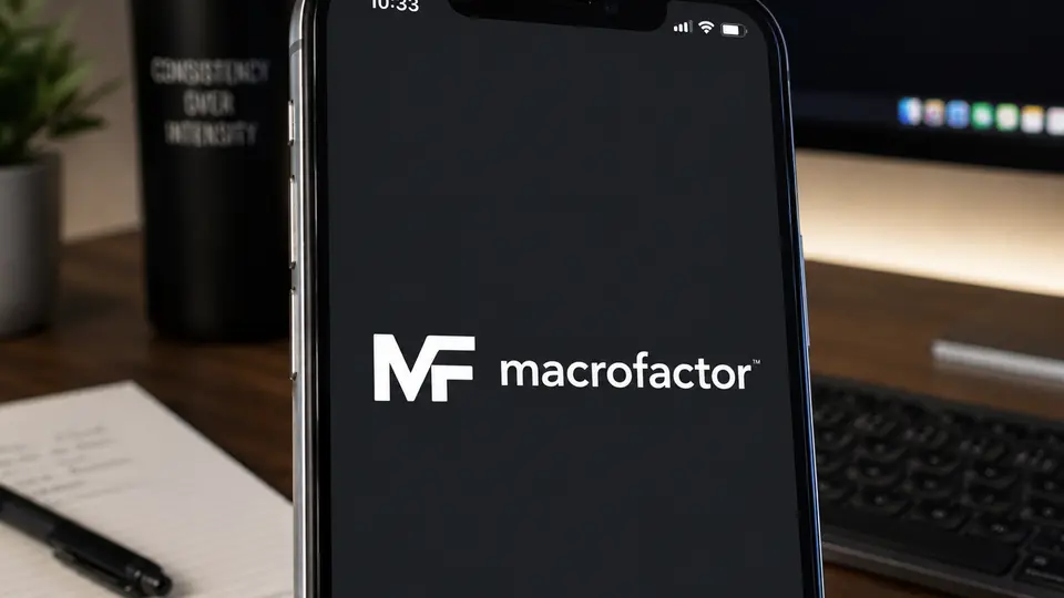 A close-up of an iPhone screen showing the MacroFactor logo