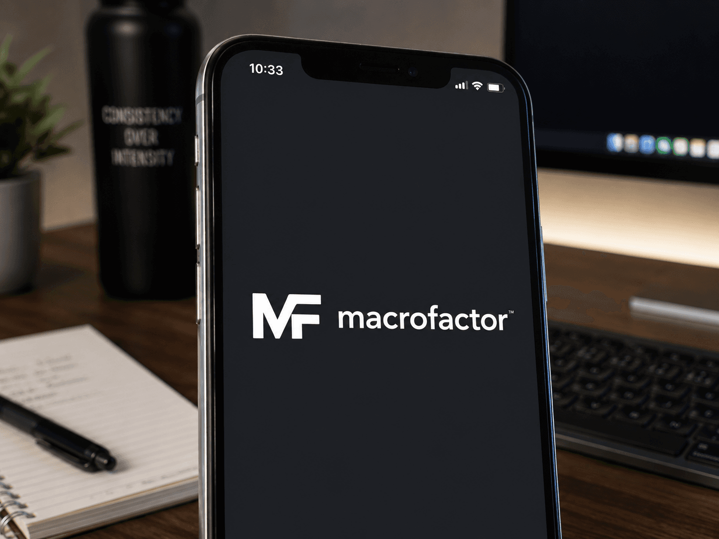 A close-up of an iPhone screen showing the MacroFactor logo
