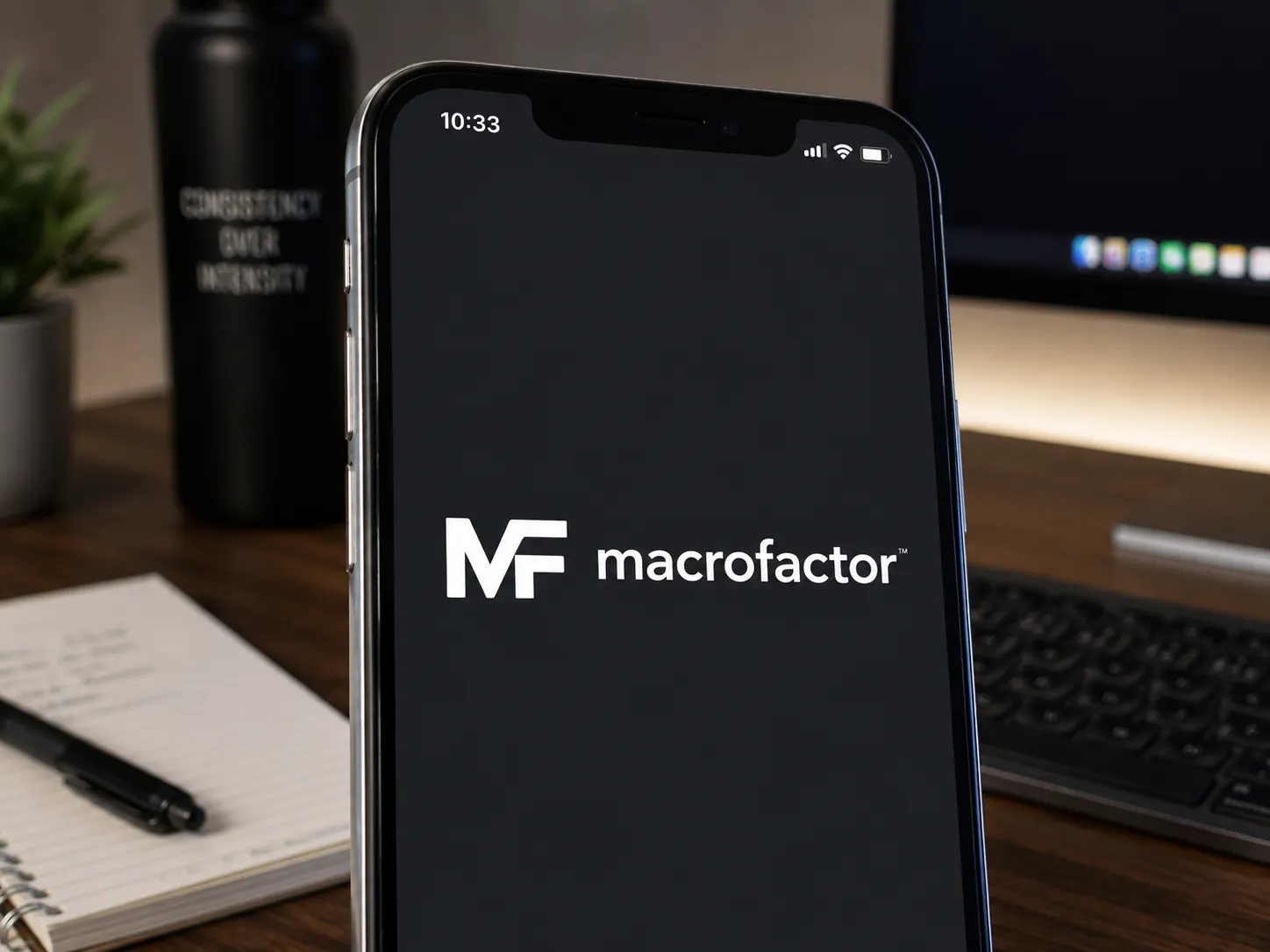 A close-up of an iPhone screen showing the MacroFactor logo