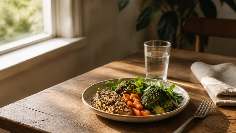 A calm dinner table with a single plate, no phone, and soft natural light