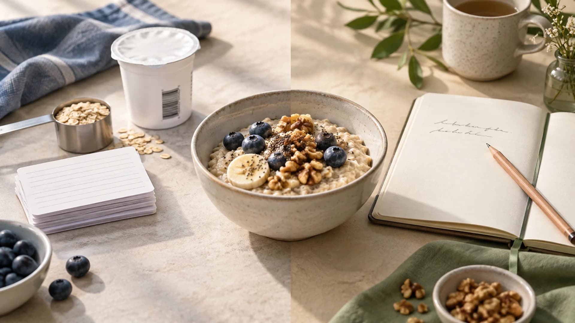 Oatmeal between blank food index cards and an open meal journal