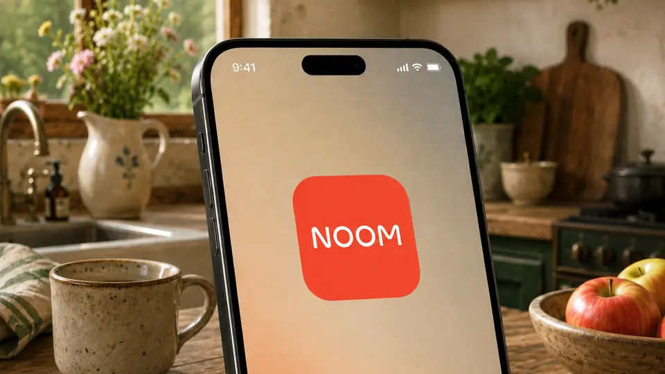 An iPhone showing the Noom app icon on a kitchen counter