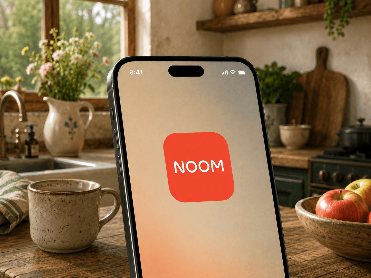 An iPhone showing the Noom app icon on a kitchen counter