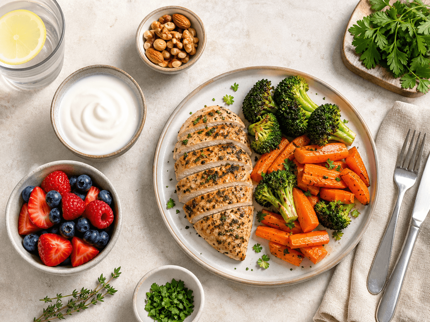 DASH diet meal with a low sodium chicken grain bowl, vegetables, fruit, and yogurt
