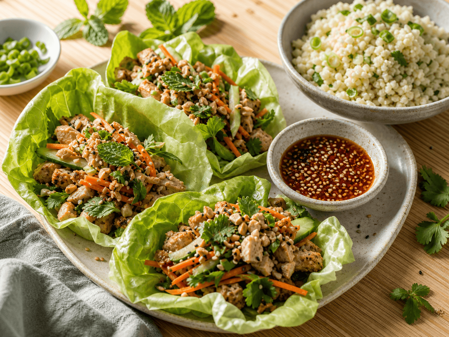Low carb meal with chicken lettuce wraps and cauliflower rice