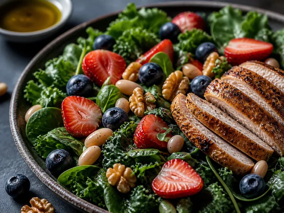 MIND diet meal with leafy greens, berries, nuts, beans, olive oil, and lean protein